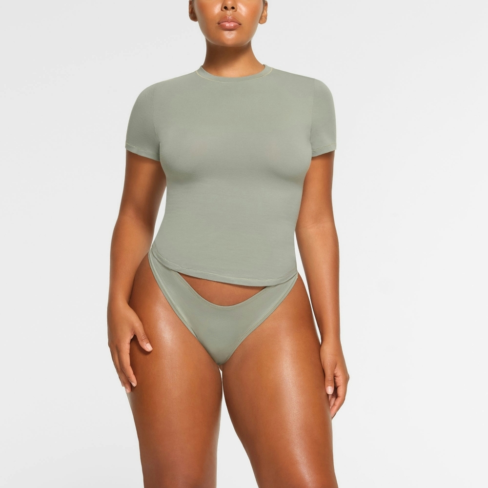 SKIMS Short Sleeve Crewneck Tee in Sage Green